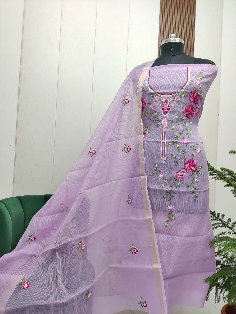 Stylish Kota Doria Embroidered Dress Material (Unstitched)