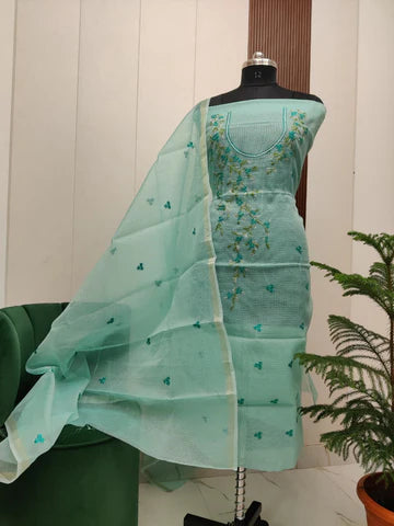 Stylish Kota Doria Embroidered Dress Material (Unstitched)