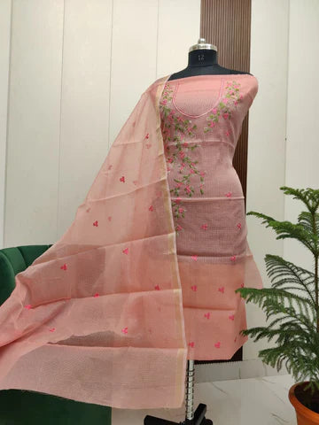 Stylish Kota Doria Embroidered Dress Material (Unstitched)