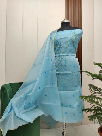 Stylish Kota Doria Embroidered Dress Material (Unstitched)