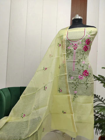 Stylish Kota Doria Embroidered Dress Material (Unstitched)