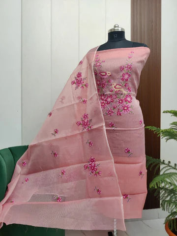 Stylish Kota Doria Embroidered Dress Material (Unstitched)