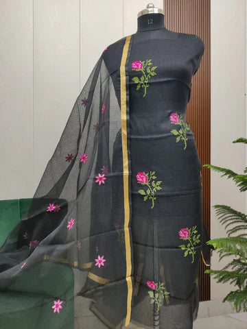 Stylish Kota Doria Embroidered Dress Material (Unstitched)