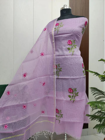 Stylish Kota Doria Embroidered Dress Material (Unstitched)