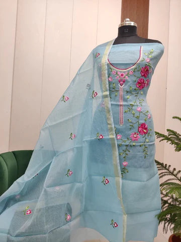 Stylish Kota Doria Embroidered Dress Material (Unstitched)