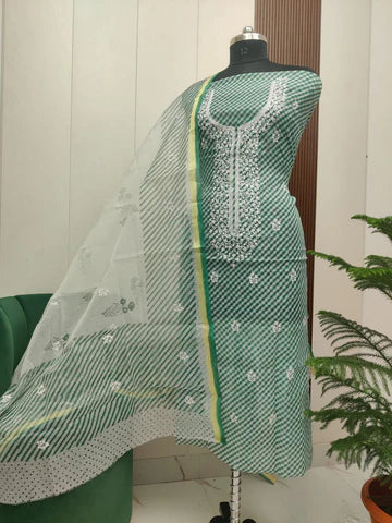 Beautiful Kota Doria Embroidery with Lehariya Print Unstitched Dress Material