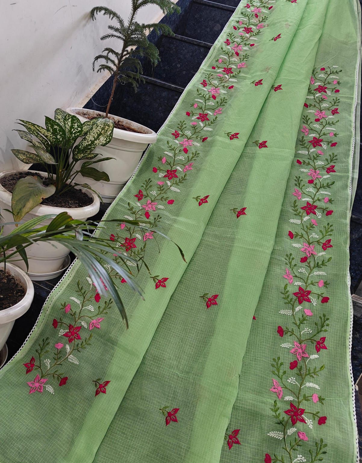 Beautful Cotton Kota Doria Saree with Embroidery Work & All Over Lace Border