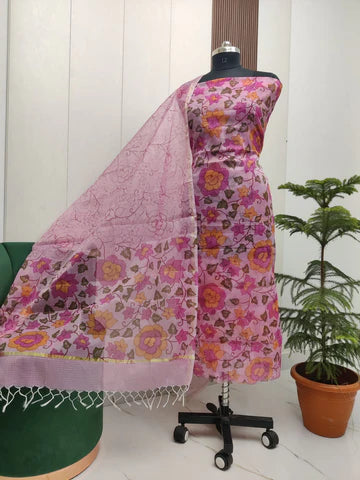 Premium Kota Doria Screen Printed Unstitched Suit Material