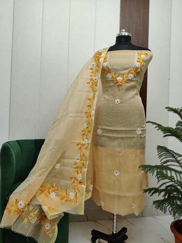 Premium Kota Doria Aari Embroidery Unstitch Dress Material