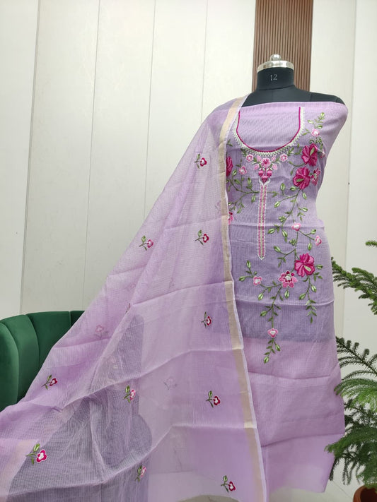 Stylish Kota Doria Embroidered Dress Material (Unstitched)