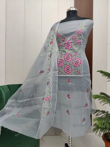 Stylish Kota Doria Embroidered Dress Material (Unstitched)