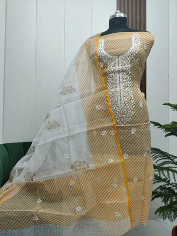 Beautiful Kota Doria Embroidery with Lehariya Print Unstitched Dress Material