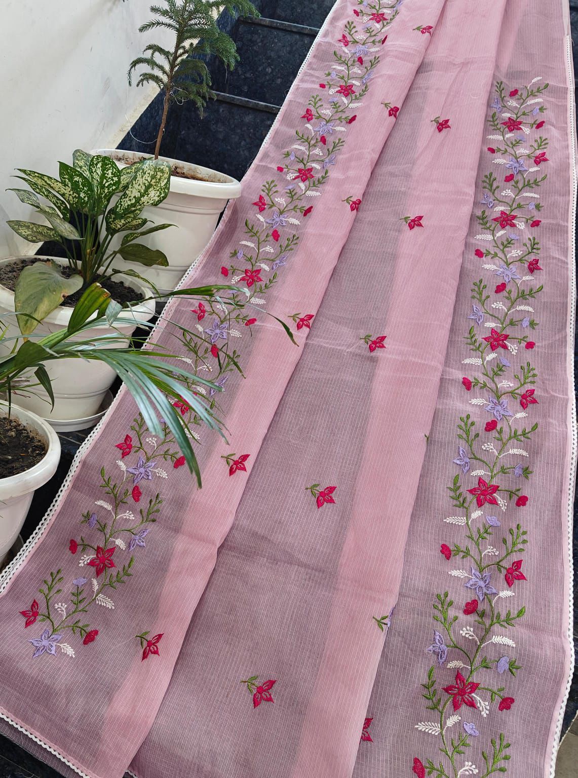 Beautful Cotton Kota Doria Saree with Embroidery Work & All Over Lace Border