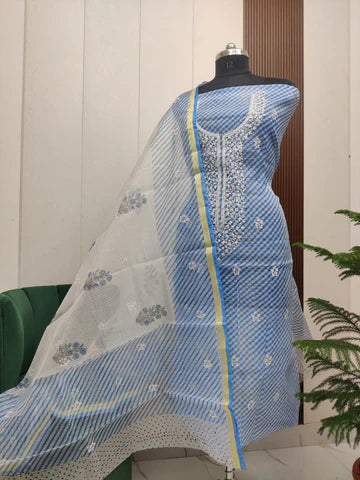 Beautiful Kota Doria Embroidery with Lehariya Print Unstitched Dress Material