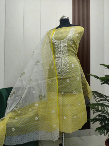 Beautiful Kota Doria Embroidery with Lehariya Print Unstitched Dress Material