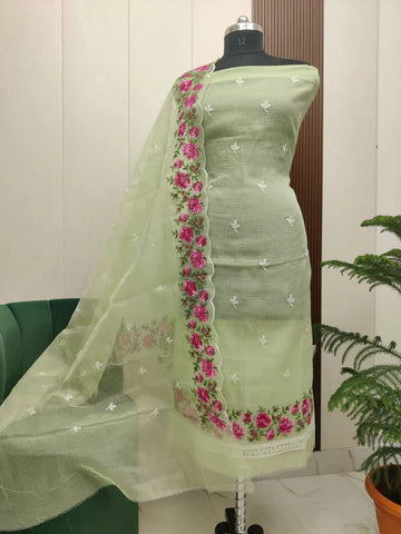 Stylish Kota Doria Embroidered Dress Material (Unstitched)