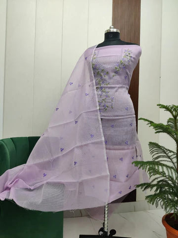 Stylish Kota Doria Embroidered Dress Material (Unstitched)