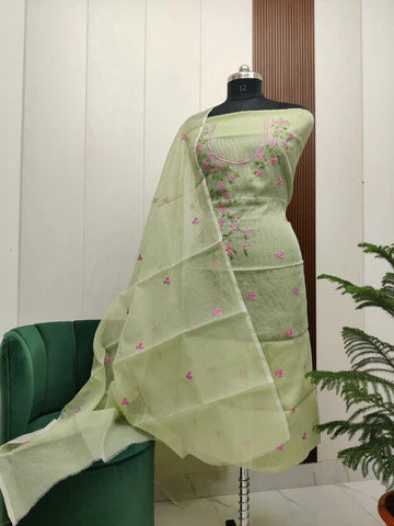 Stylish Kota Doria Embroidered Dress Material (Unstitched)