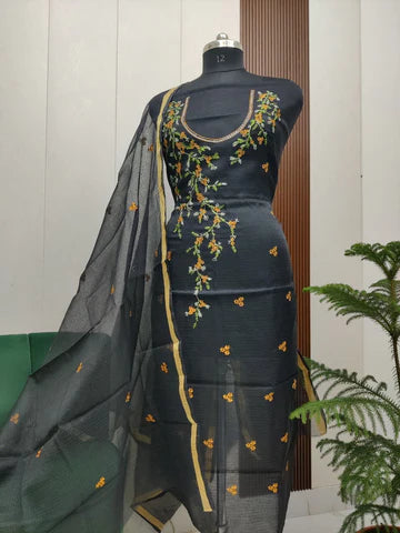 Stylish Kota Doria Embroidered Dress Material (Unstitched)