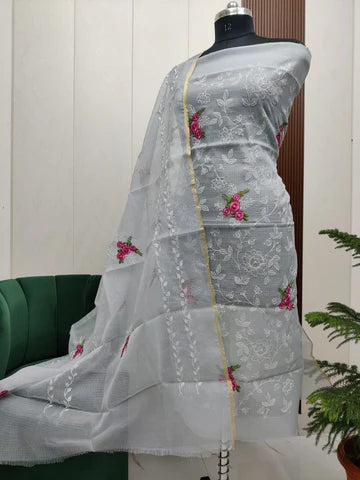 Stylish Kota Doria Embroidered Dress Material (Unstitched)