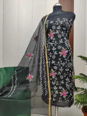 Stylish Kota Doria Embroidered Dress Material (Unstitched)