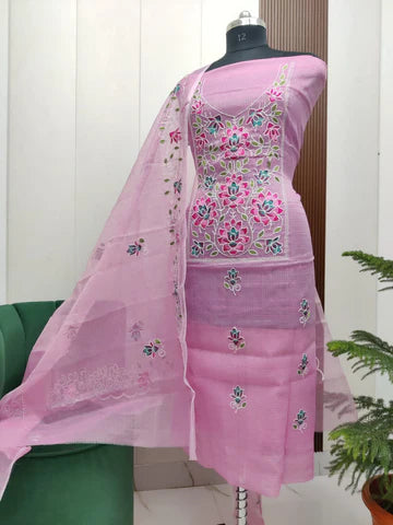 Stylish Kota Doria Embroidered Dress Material (Unstitched)