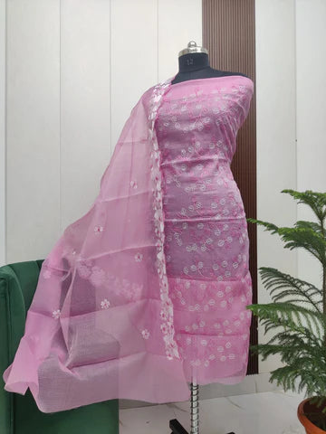 Stylish Kota Doria Embroidered Dress Material (Unstitched)