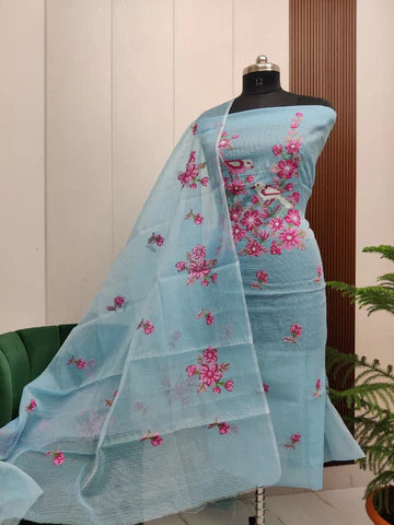 Stylish Kota Doria Embroidered Dress Material (Unstitched)
