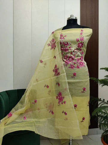Stylish Kota Doria Embroidered Dress Material (Unstitched)