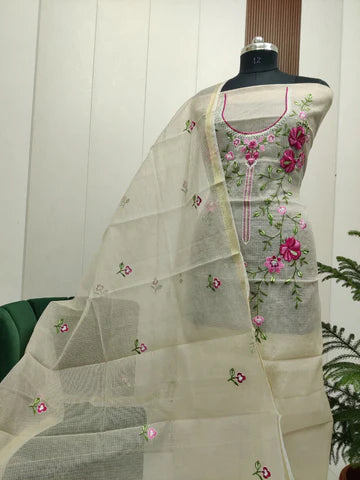 Stylish Kota Doria Embroidered Dress Material (Unstitched)