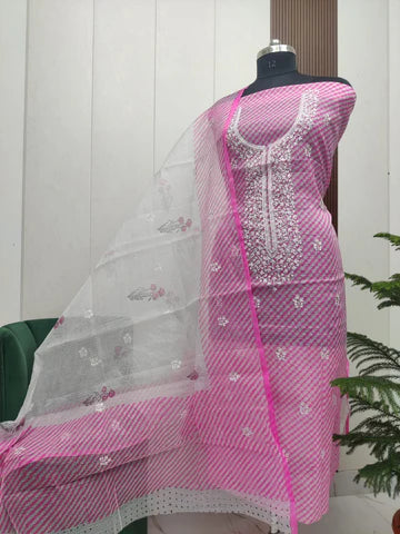 Beautiful Kota Doria Embroidery with Lehariya Print Unstitched Dress Material