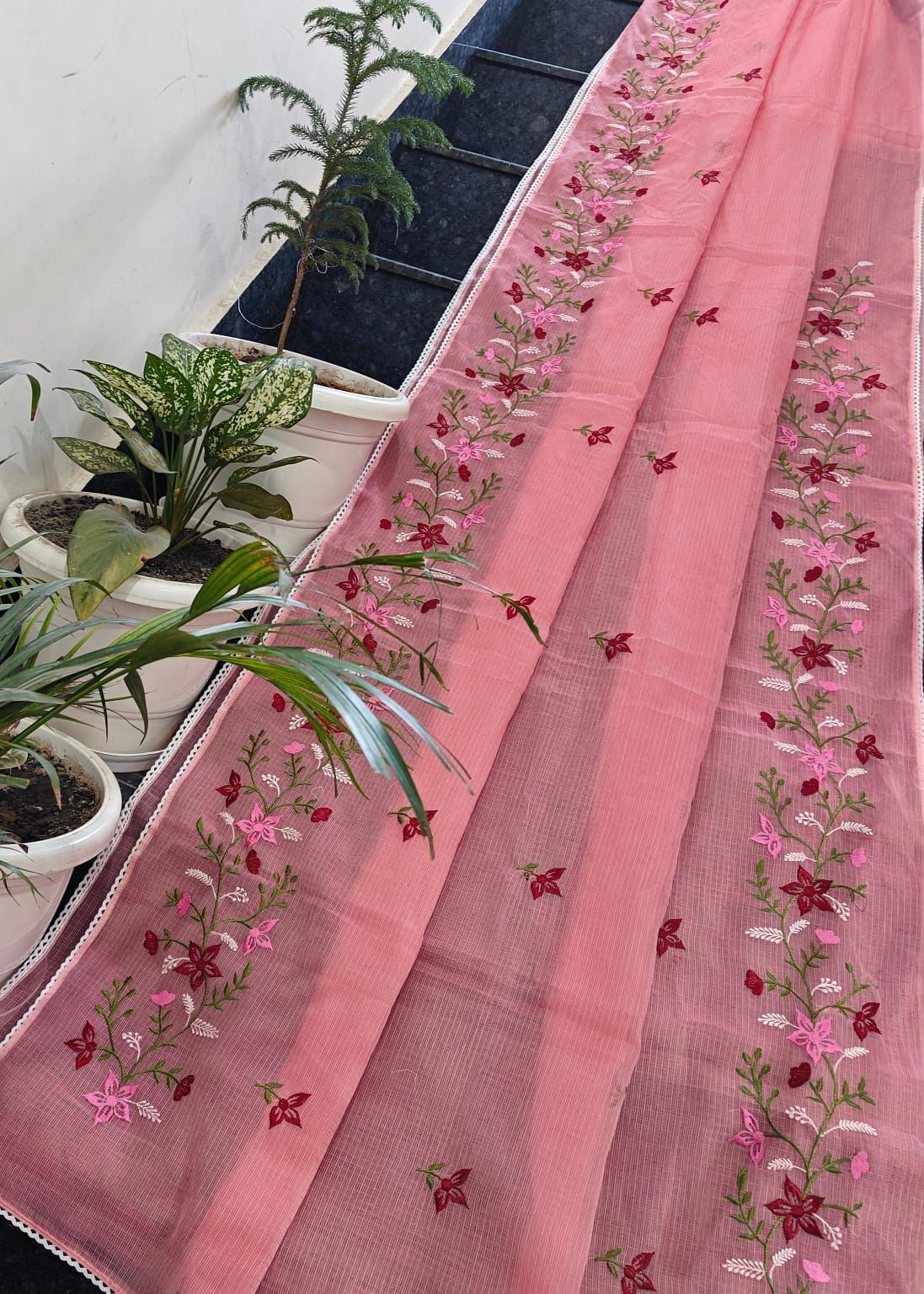 Beautful Cotton Kota Doria Saree with Embroidery Work & All Over Lace Border