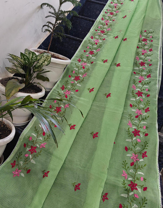 Beautful Cotton Kota Doria Saree with Embroidery Work & All Over Lace Border