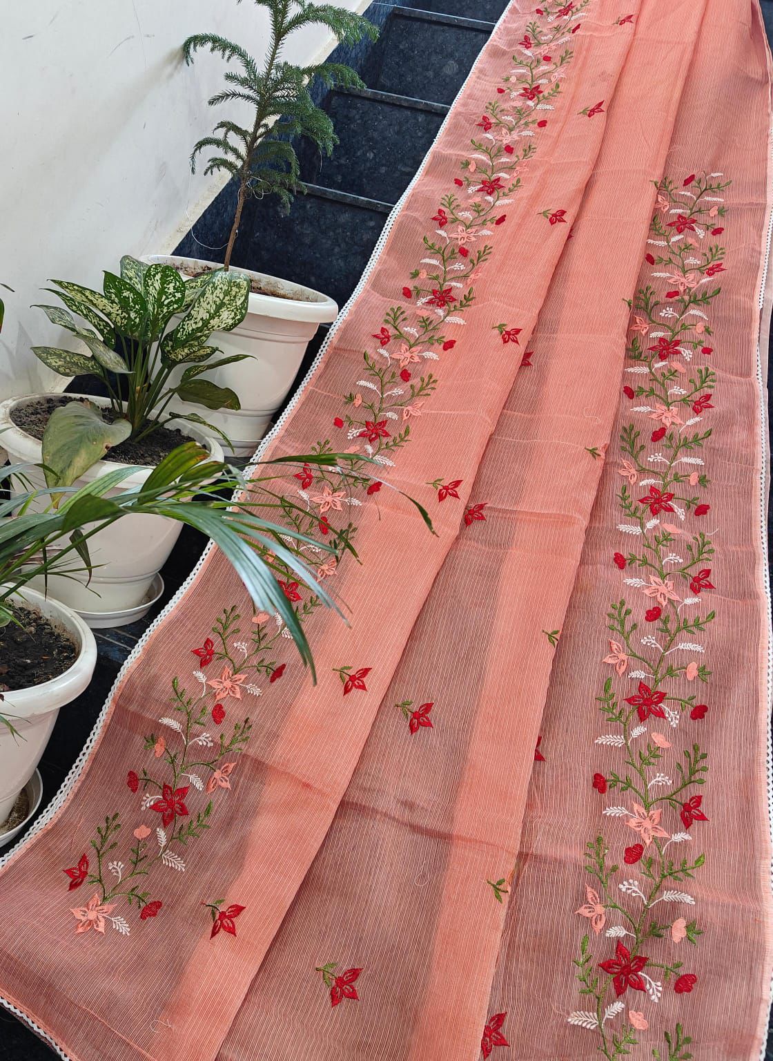 Beautful Cotton Kota Doria Saree with Embroidery Work & All Over Lace Border