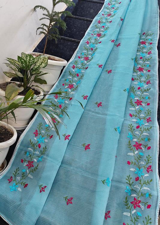 Beautful Cotton Kota Doria Saree with Embroidery Work & All Over Lace Border