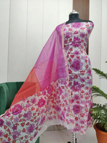 Premium Kota Doria Screen Printed Unstitched Suit Material