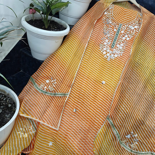 Premium Kota Doria Embroidery with Lehariya Print Unstitched Dress Material