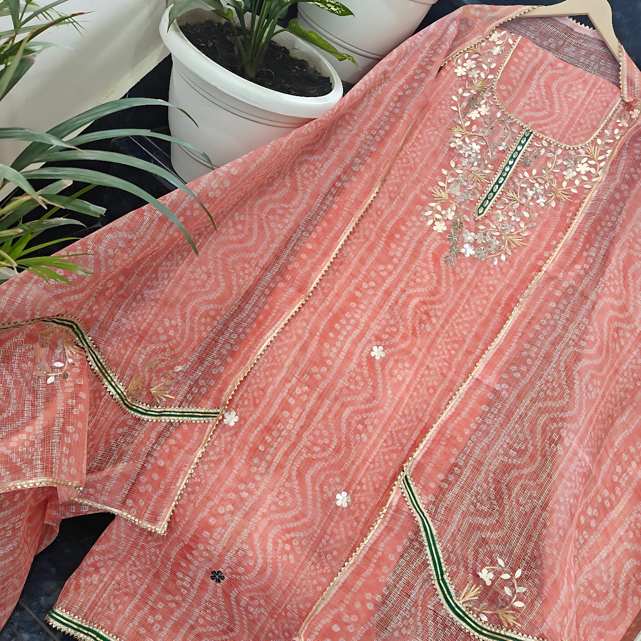 Premium Kota Doria Embroidery with Lehariya Print Unstitched Dress Material