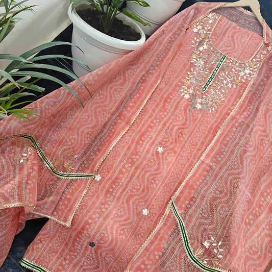 Premium Kota Doria Embroidery with Lehariya Print Unstitched Dress Material