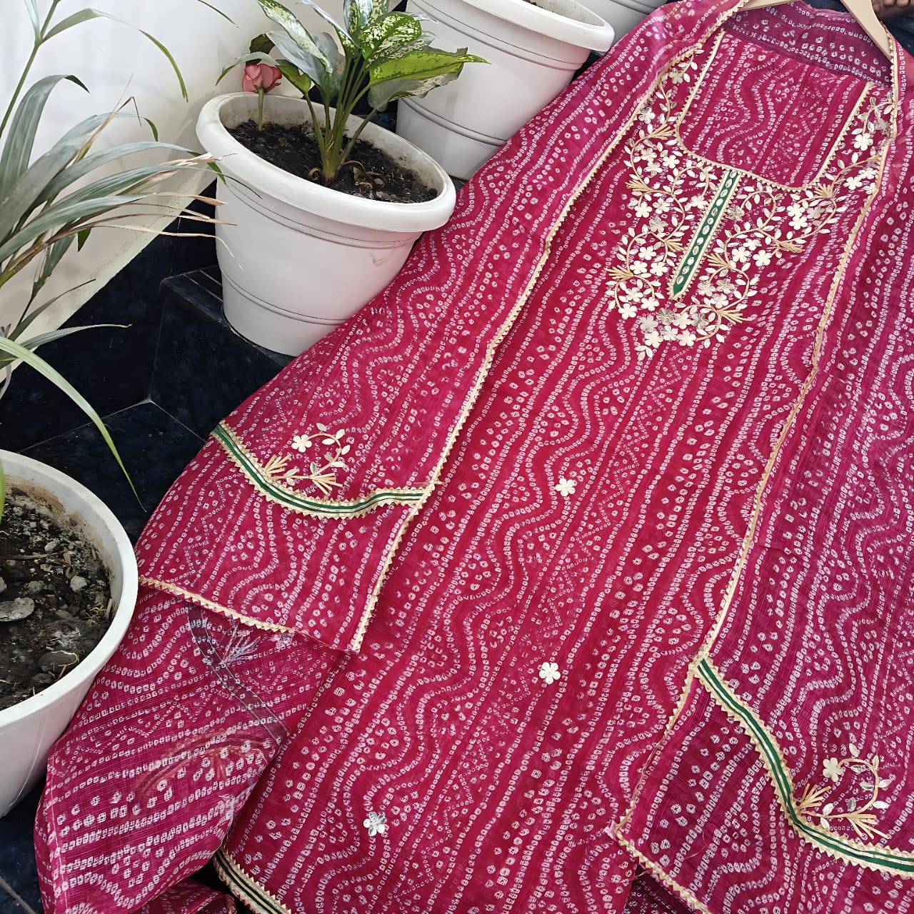 Premium Kota Doria Embroidery with Lehariya Print Unstitched Dress Material